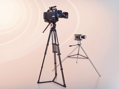 Professional And Compact Digital Cameras Mounted On Tripods With Circular Lighting Effect 3d model