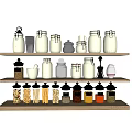Various Glass Spice Jars Arranged On Kitchen Wooden Shelves For Organized Storage