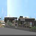 Black Exterior Container Building for Campsite Barbecue with Bar Counter Stools and Green Plants
