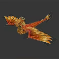 Golden Red Flying Phoenix With Fiery Feathers And Shiny Texture And Reflection On Dark Background