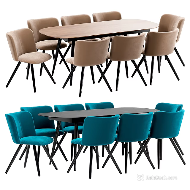 Modern Dining Table Set With Oval And Round Tables Beige Blue Chairs Black Legs 3d model 