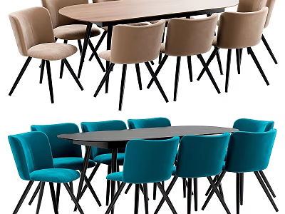 Modern Dining Table Set With Oval And Round Tables Beige Blue Chairs Black Legs 3d model