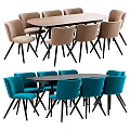 Modern Dining Table Set With Oval And Round Tables Beige Blue Chairs Black Legs