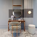 Elegant Dressing Table With Brass Round Mirror Grey Chair And Stool 3d model