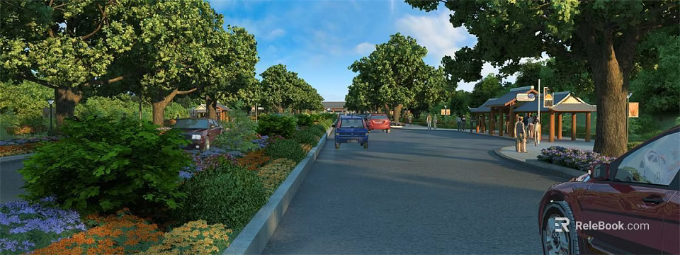 Garden Ornaments with Green Trees Colorful Flowers and Shrubs Along Roadside 3d model 