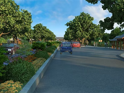 Garden Ornaments with Green Trees Colorful Flowers and Shrubs Along Roadside 3d model