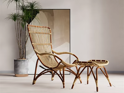 Rattan Leisure Chair With Matching Side Table And Potted Plant Near Wall Art 3d model