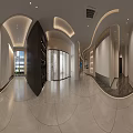 Modern Minimalist Office Reception Lobby With Comfortable Waiting Lounge And Elegant Curved Ceiling Lighting Design