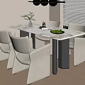Modern Minimalist Dining Table Set With Marble Top Beige Fabric Chairs Vase And Fruit Bowl