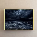 Stunning Landscape Painting Of Dark Cloudy Sky Over Turbulent Ocean Waves On Sandy Beach
