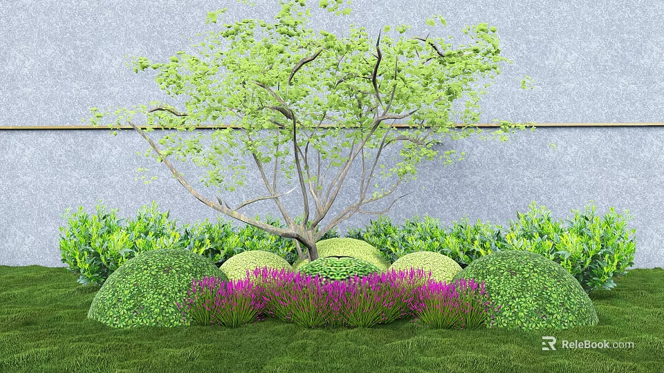 Lush Green Leaf Tree With Trimmed Shrubs Purple Flowers And Green Grass By Gray Wall 3d model 