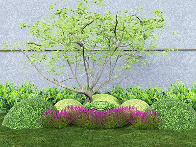 Lush Green Leaf Tree With Trimmed Shrubs Purple Flowers And Green Grass By Gray Wall 3d model