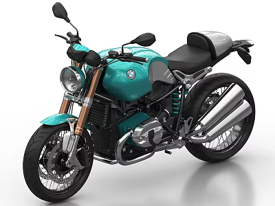 Teal BMW Retro Street Motorcycle With Black Seat Silver Exhaust And Golden Forks 3d model