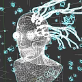 Game and Movie Character With Headgear Red Black Cables Blue Glowing Eyes and Geometric Shapes