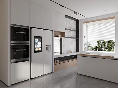 Modern Kitchen Interior With White Cabinets Double Ovens Smart Fridge And Marble Backsplash 3d model