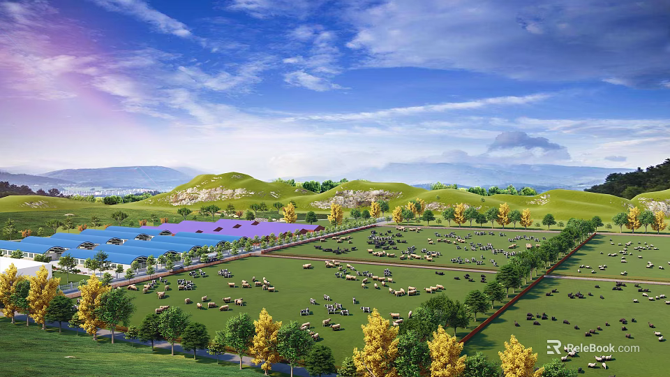 Scenic Green Pasture With Sheep Grazing Near Blue Lake And Trees Under Clear Blue Sky 3d model 