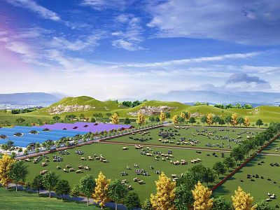 Scenic Green Pasture With Sheep Grazing Near Blue Lake And Trees Under Clear Blue Sky 3d model