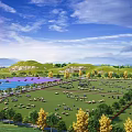 Scenic Green Pasture With Sheep Grazing Near Blue Lake And Trees Under Clear Blue Sky