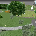 Scenic Park Landscape with Stone Pathway Abstract Sculpture Stone Walls and Trees