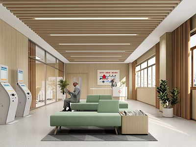 Hospital Outpatient Clinic Waiting Area With Self Service Kiosks Green Sofas Plants And Bright Lighting 3d model