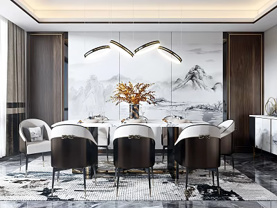 Elegant Luxury Restaurant Interior Featuring Round Dining Table Chairs And Stylish Pendant Lights 3d model