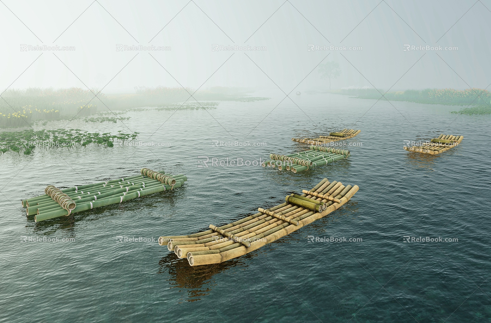 Modern Bamboo Raft Bamboo Boat Bamboo Row 3d model