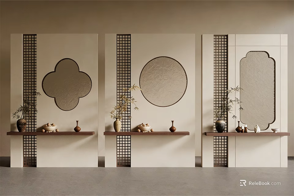 Traditional Chinese Room Dividers With Openwork Patterns Decorative Shelves and Vases 3d model 