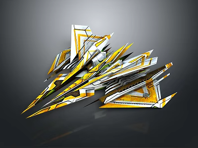 Futuristic Cosmic Spacecraft Design With Yellow White Green Geometric Shapes Sharp Edges And Streamlined Structure 3d model
