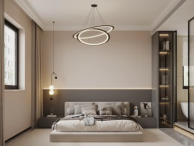 Modern Minimalist Bedroom Interior Design With Grey Headboard Wall Circular Chandelier And Bedside Tables 3d model