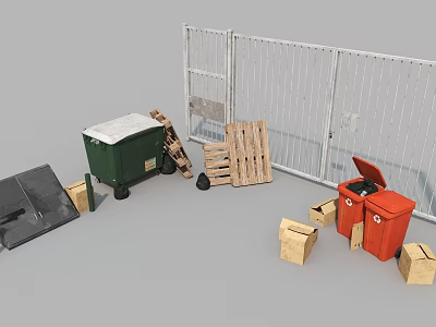 Household Items Including Green Red Waste Bins Wooden Pallets Cardboard Boxes Near Metal Fence 3d model