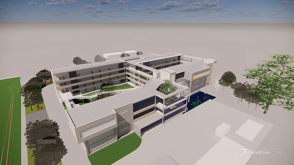 Modern School Campus Building Design With Courtyard Green Areas And Open Spaces 3d model 