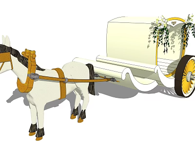 Horse Drawn White Wedding Carriage With Flower Garland And Golden Wheels Design 3d model