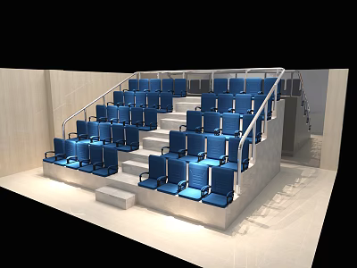 Modern Public Facility With Blue Seats Staircase White Steps And Metal Handrails 3d model