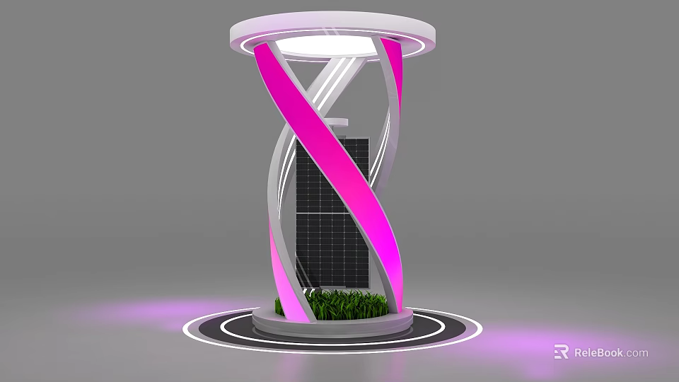 Display Shelf With Spiral Pink White Design Top Lighting Bottom Green Plants Black Grid 3d model 