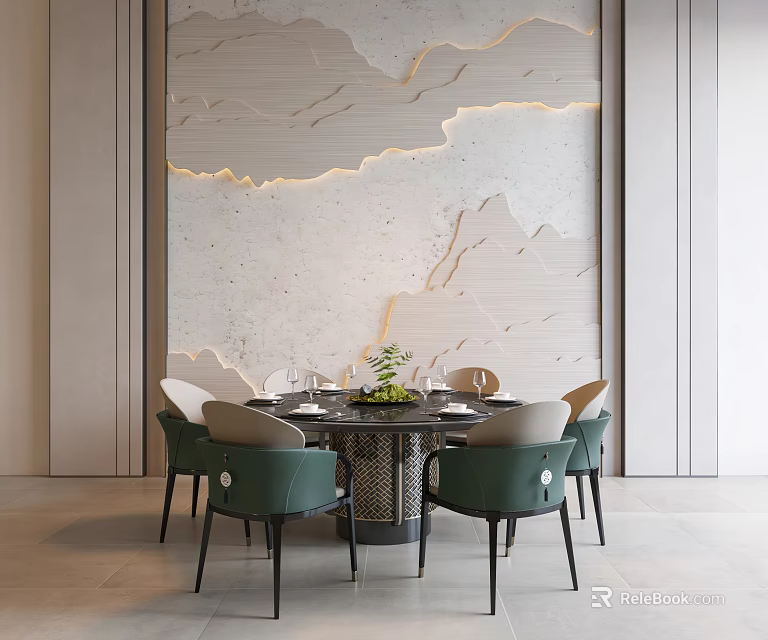 Elegant Round Dining Table Set with Green Chairs Textured Wall and Ambient Lighting 3d model 