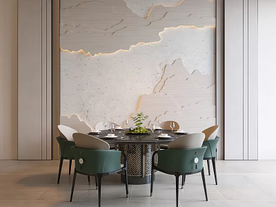 Elegant Round Dining Table Set with Green Chairs Textured Wall and Ambient Lighting 3d model