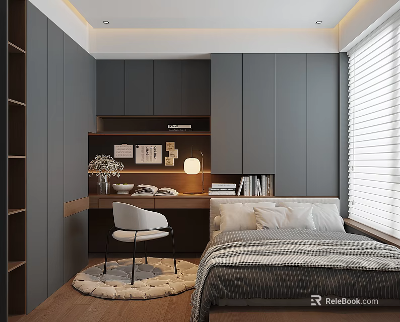 Tatami Bedroom Interior with Gray Walls Cabinets Desk White Chair Round Rug and Window Blinds 3d model 