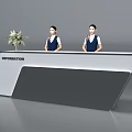 Modern Information Reception Desk with Two Staff Members and Fresh Flower Arrangement