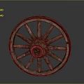 Old Fashioned Wooden Carriage Wheel with Red Rim and Spokes on Gray Background