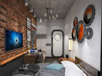 Industrial Hotel Room Interior With Exposed Brick Wall Flat Screen TV Gear Decorations And Chandelier 3d model