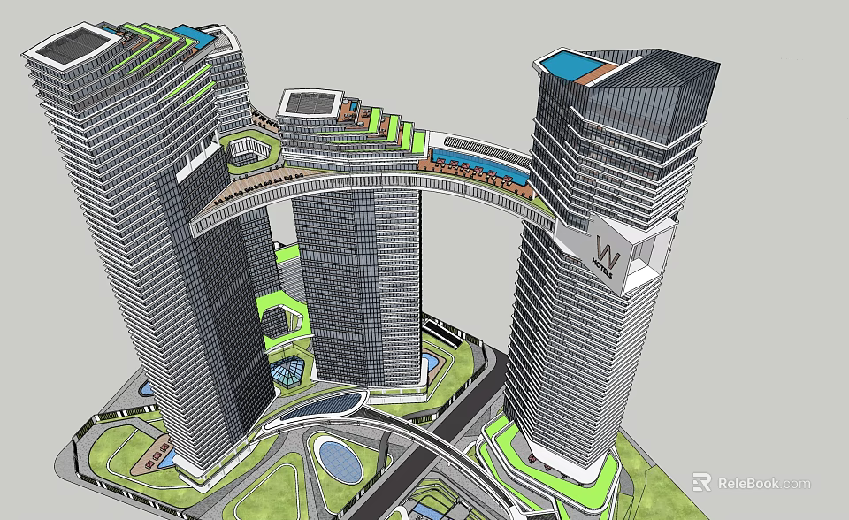 Modern Twin Office Towers With Sky Bridge And Landscaped Green Areas 3d model 