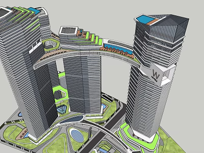 Modern Twin Office Towers With Sky Bridge And Landscaped Green Areas 3d model