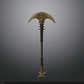 Ancient Weapon With Curved Head Long Metal Handle And Decorative Spikes