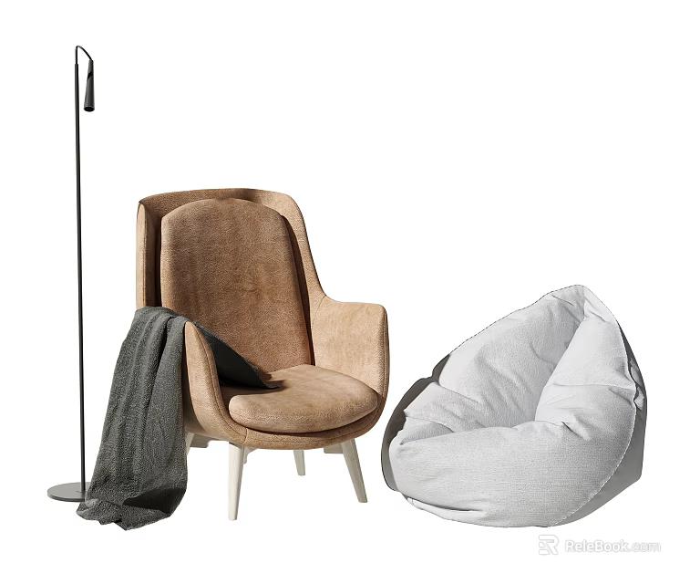 Cozy Gray Bean Bag Chair With Modern Armchair Floor Lamp And Gray Blanket 3d model 