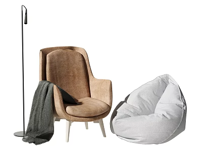 Cozy Gray Bean Bag Chair With Modern Armchair Floor Lamp And Gray Blanket 3d model