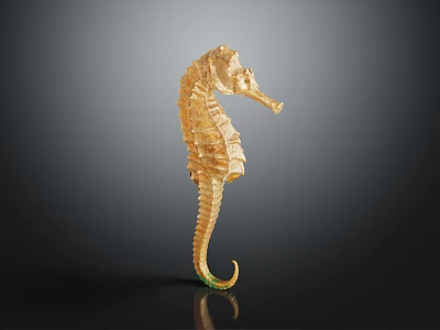 Golden Decorative Seahorse Sculpture With Intricate Textures Standing On Dark Background 3d model