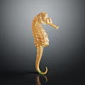 Golden Decorative Seahorse Sculpture With Intricate Textures Standing On Dark Background