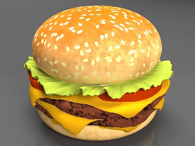 Delicious Hamburger With Sesame Seed Bun Lettuce Tomato Cheese And Beef Patty 3d model