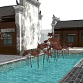 Ancient Architecture Courtyard Design With Traditional Lanterns And Stone Paved Path 3d model