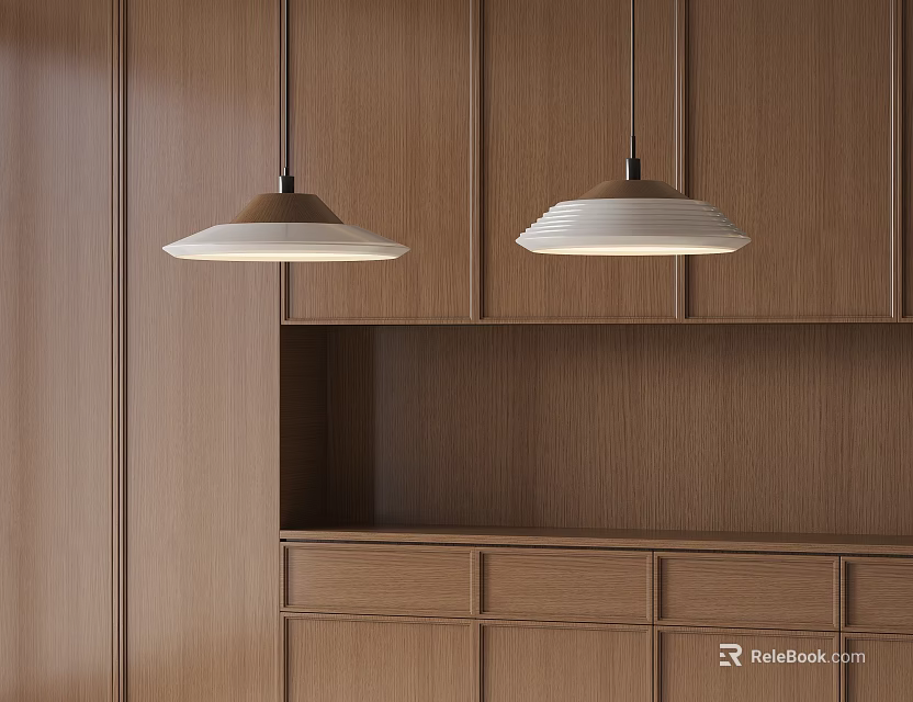Two Modern Pendant Lights Hanging Above Wooden Kitchen Cabinetry Interior Design 3d model 